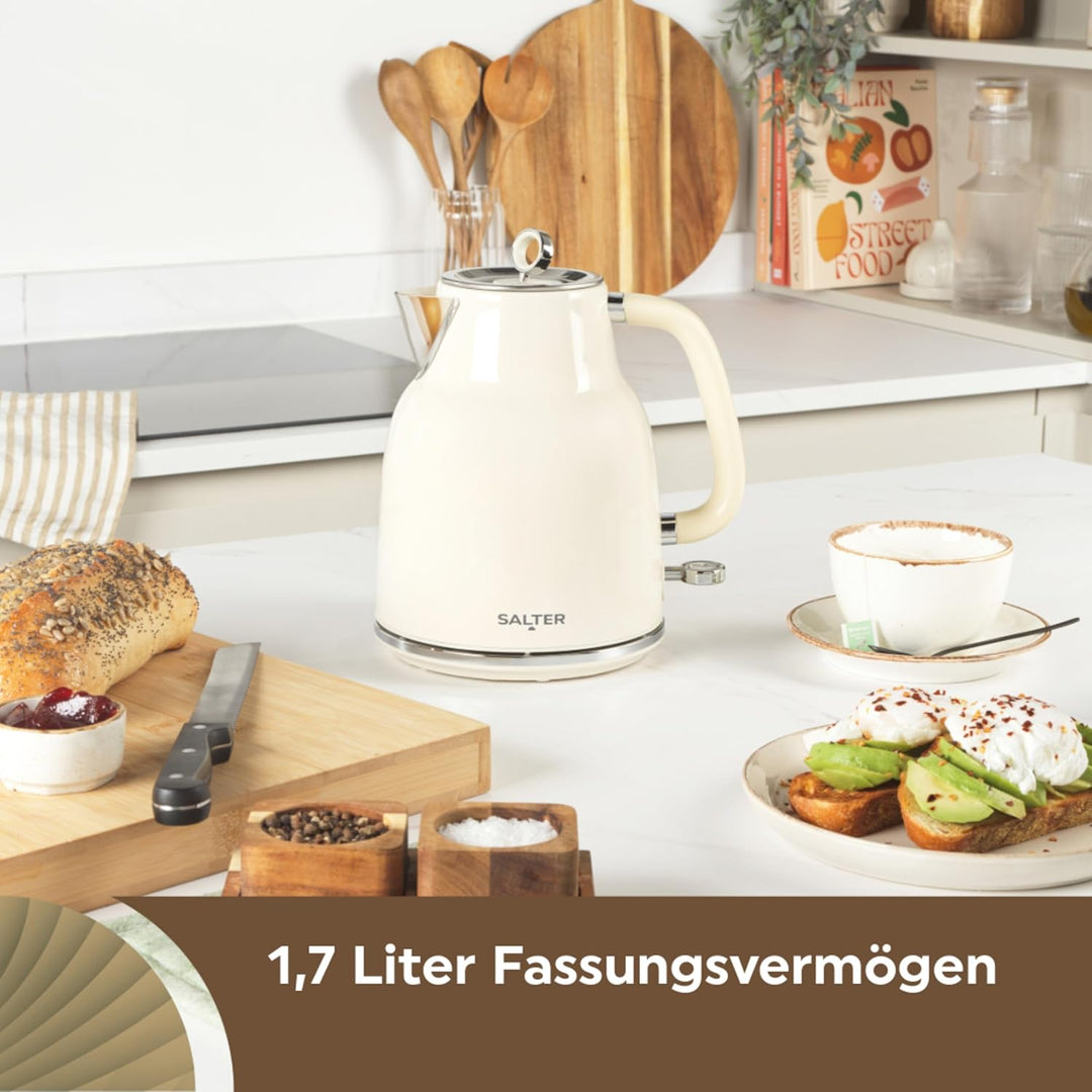Salter Retro Creme Wasserkocher - 1,7L, 360°-Basis, abnehmbarer Kalk-Filter, Flaches Heizelement, Tr