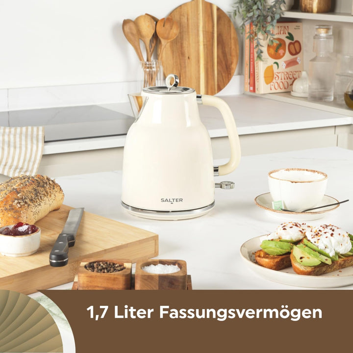 Salter Retro Creme Wasserkocher - 1,7L, 360°-Basis, abnehmbarer Kalk-Filter, Flaches Heizelement, Tr