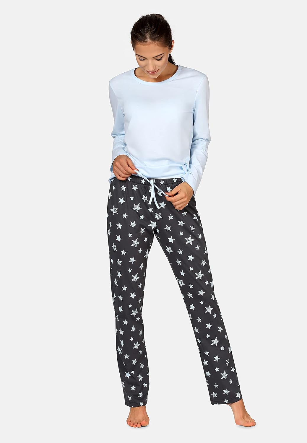 Bellivalini Damen Schlafanzug lang Pyjama Langarm Lange Hose Muster Sterne BLV50-167 M Blau Graphite