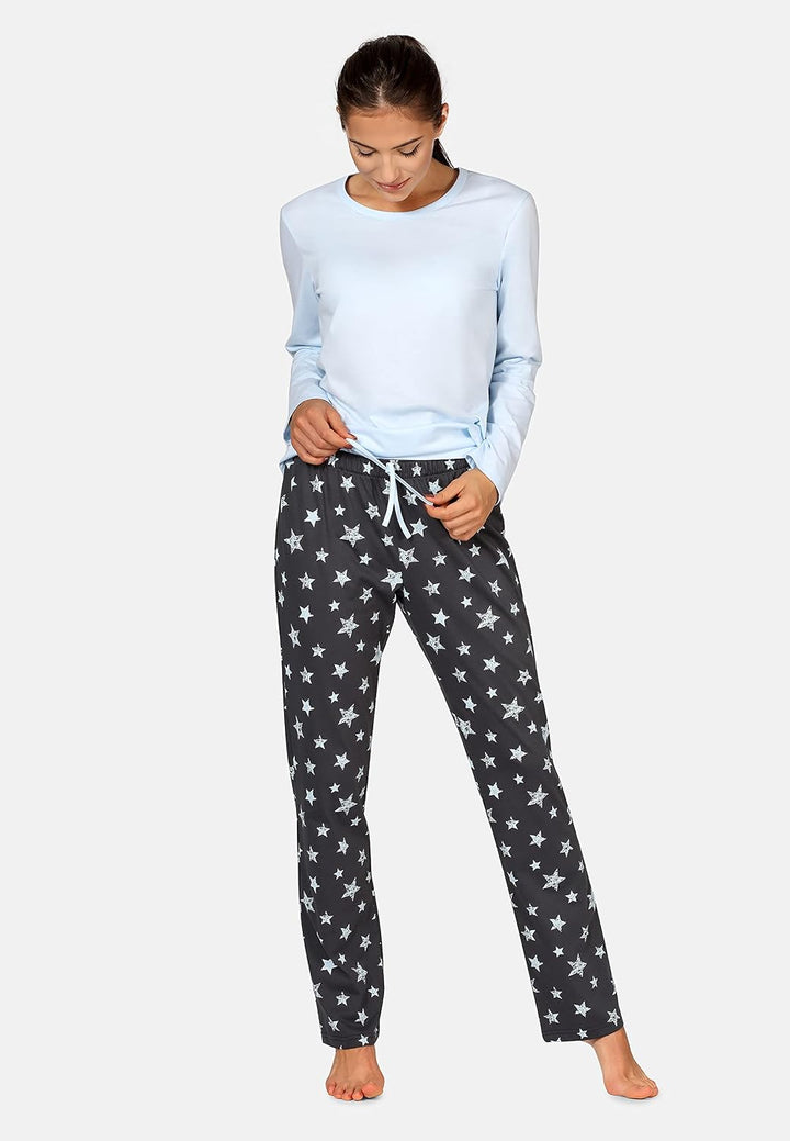 Bellivalini Damen Schlafanzug lang Pyjama Langarm Lange Hose Muster Sterne BLV50-167 M Blau Graphite