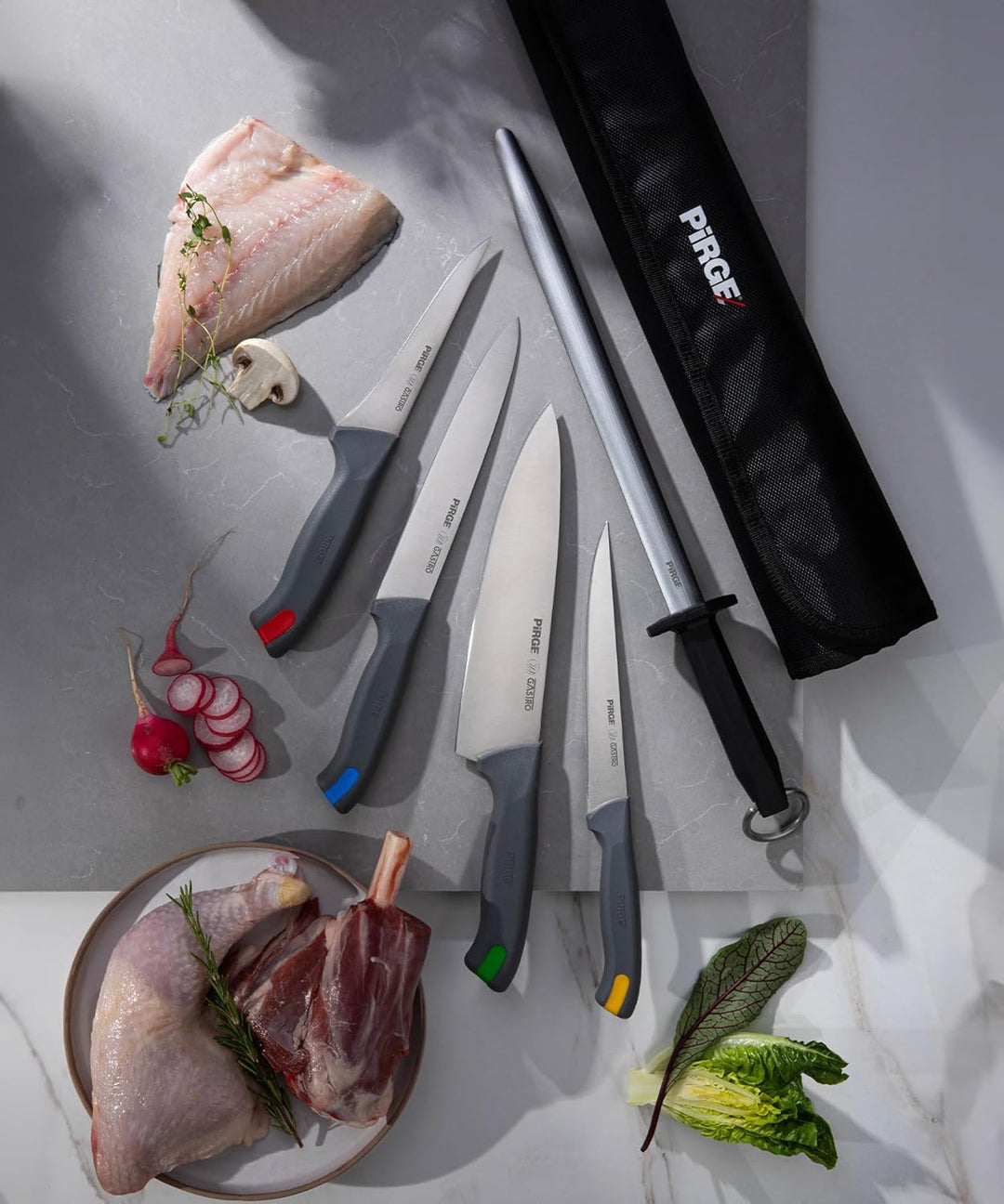 Pirge Gastro Profi Messerset mit Tasche 6 Stück - Griff mit Farbeinsatz - Profi Kochmesser Set - Ede