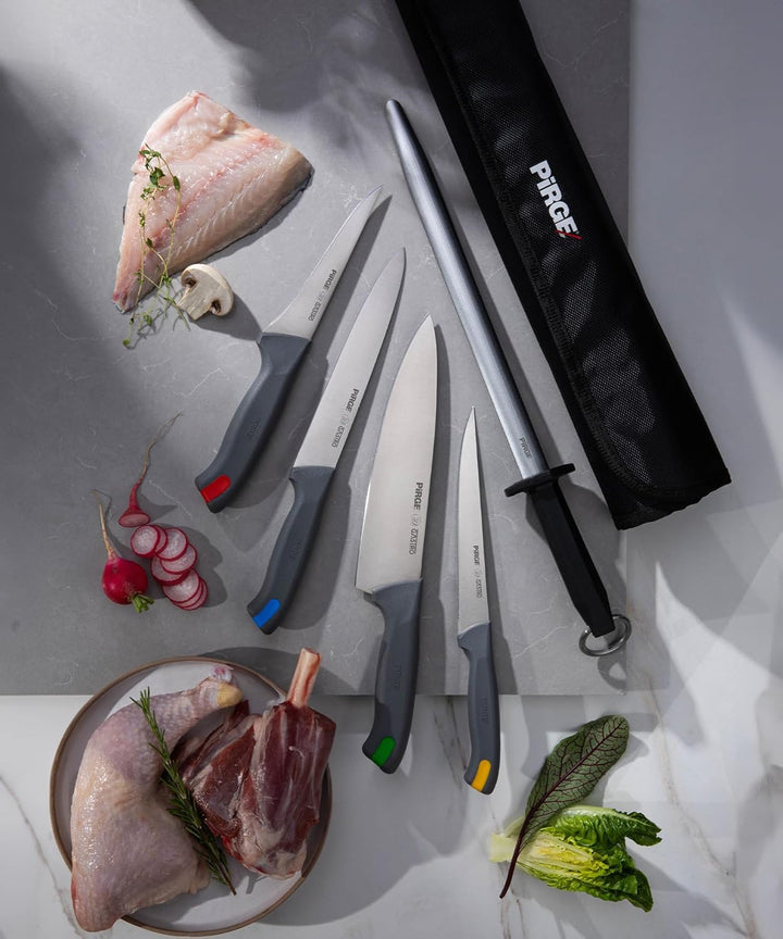 Pirge Gastro Profi Messerset mit Tasche 6 Stück - Griff mit Farbeinsatz - Profi Kochmesser Set - Ede