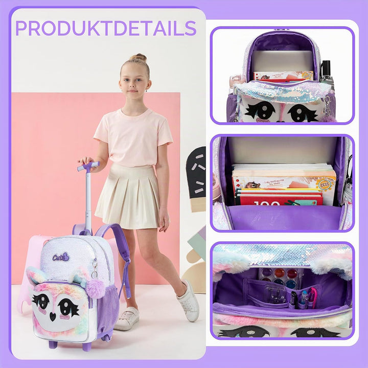HTgroce Schulranzen Trolley Mädchen 7 Jahre Kinder Schulranzen Mit Rollen Kinderrucksack mit 2 Rolle