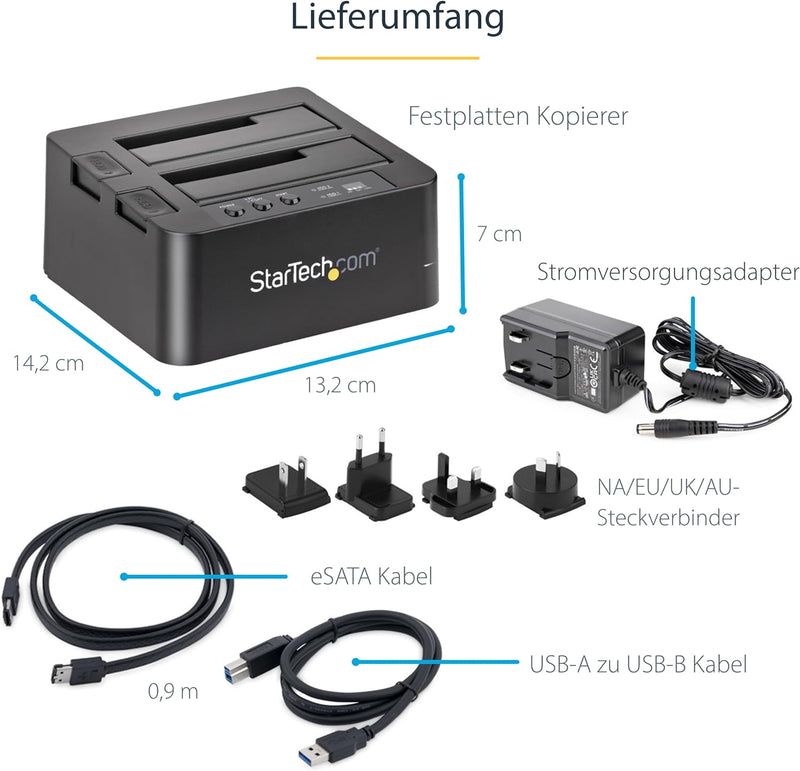 StarTech.com Dual-Bay Festplatten-Kopierer, Selbständiger USB 3.0 (5 Gbit/s) / eSATA auf 2.5/3.5" SA