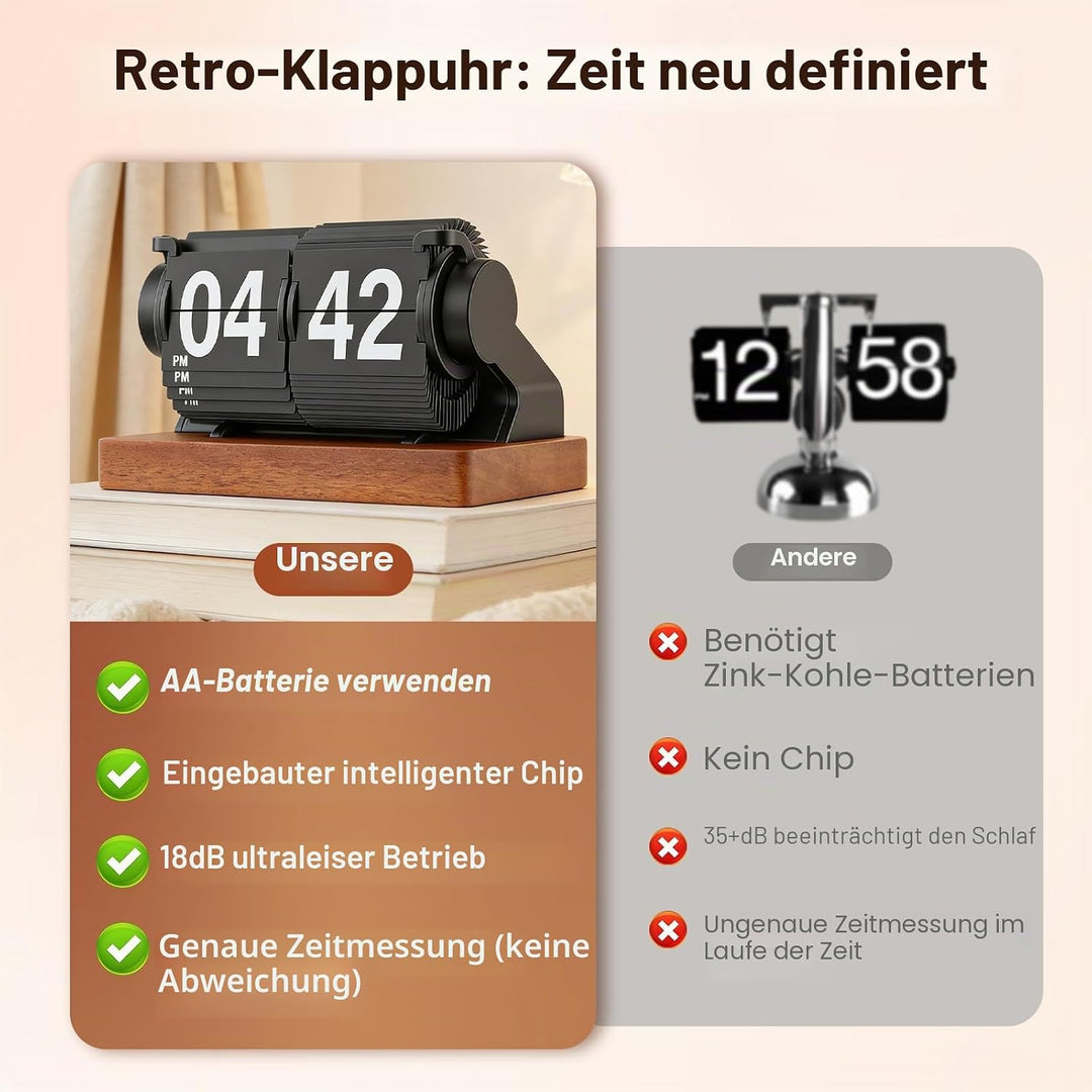 Retro-Flip-Uhr, Vintage Digitale Klappuhr, Retro Uhr mit Holzsockel, automatisches Drehen, batterieb