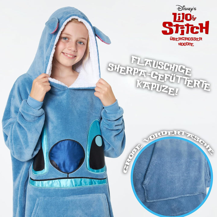 Disney Stitch Kapuzenpullover Mädchen, Übergrosse Hoodie Decke Kinder mit Sherpa-Kapuze und Kängurut