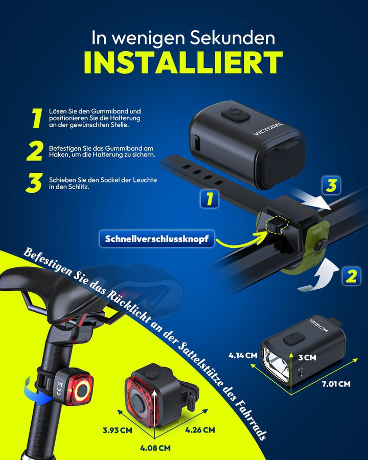 VICTGOAL Fahrradlampe Set StVZO Zugelassen, 50 Lux Fahrrad Lichter LED Set mit IPX5 Wasserdicht, Fah