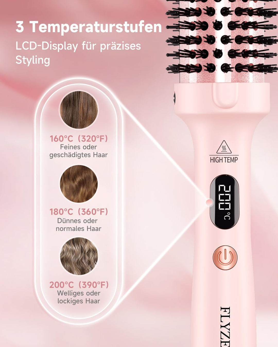 Thermobürste FLYZEMAA, Thermal Brush 38mm - Runder Heizkamm für natürliche Locken und glatteres Haar
