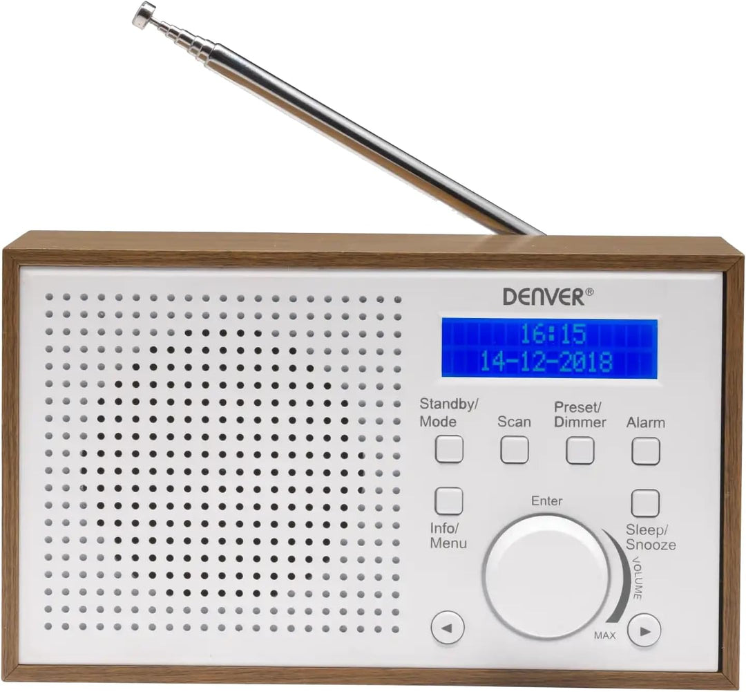 Denver DAB-46 DAB+ und UKW-Radio, Uhr und Wecker, 2 W Audio-Ausgang, Holz-Finish, Weiss, 1954043, We