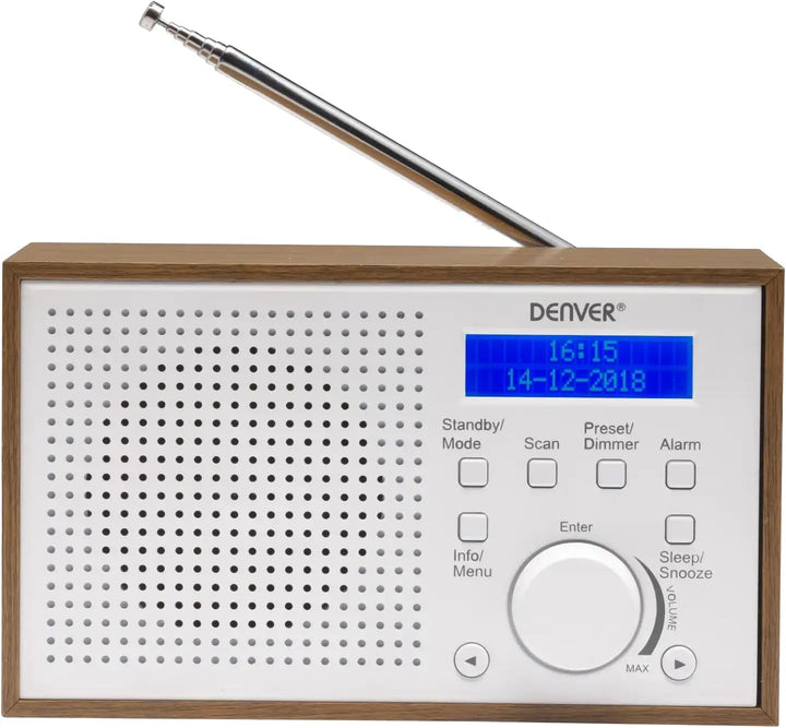 Denver DAB-46 DAB+ und UKW-Radio, Uhr und Wecker, 2 W Audio-Ausgang, Holz-Finish, Weiss, 1954043, We