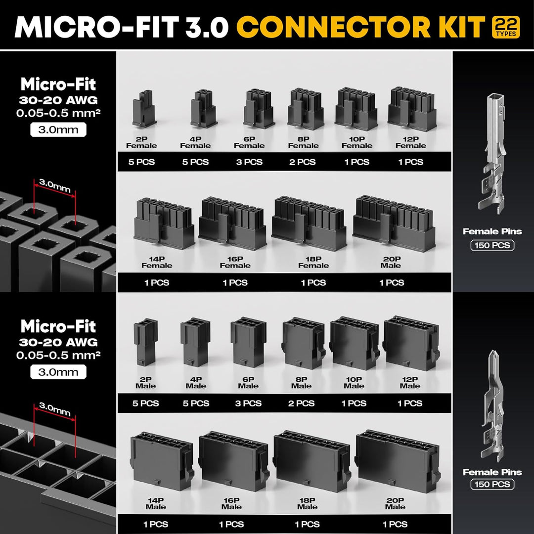 DxCRIMP Micro-Fit 3,0 mm Crimpzangen-Set, Gehäuse & Kontakte 2–20-polig (30–20 AWG/0,05–0,5 mm²) mit