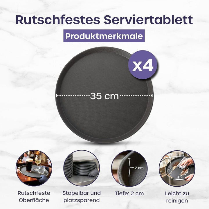 volila Rutschfestes Schwarzes Tablett Serviertablett Rund (4 STK. à 35 cm) - Rundes Tablett Ideal al