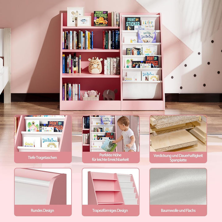 NACHES Kinderregal Bücherregal für Kinder, 90x40x80cm, mit 5 Ablage und 4 offenen Fächern, aus Holz,
