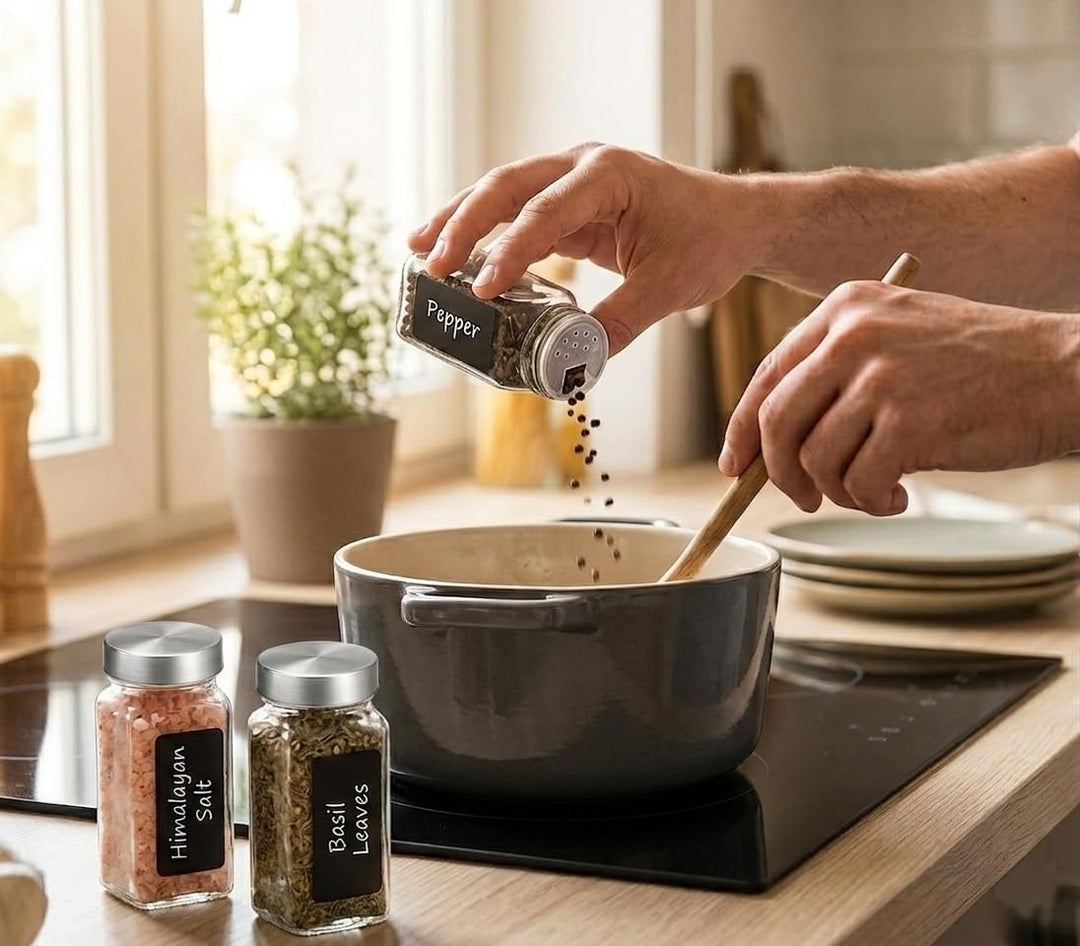 ZEBEN® Gewürzgläser 120ml Set 25 Stück mit Etiketten, Leere Gewürzdosen mit Deckel, Trichter & Reini