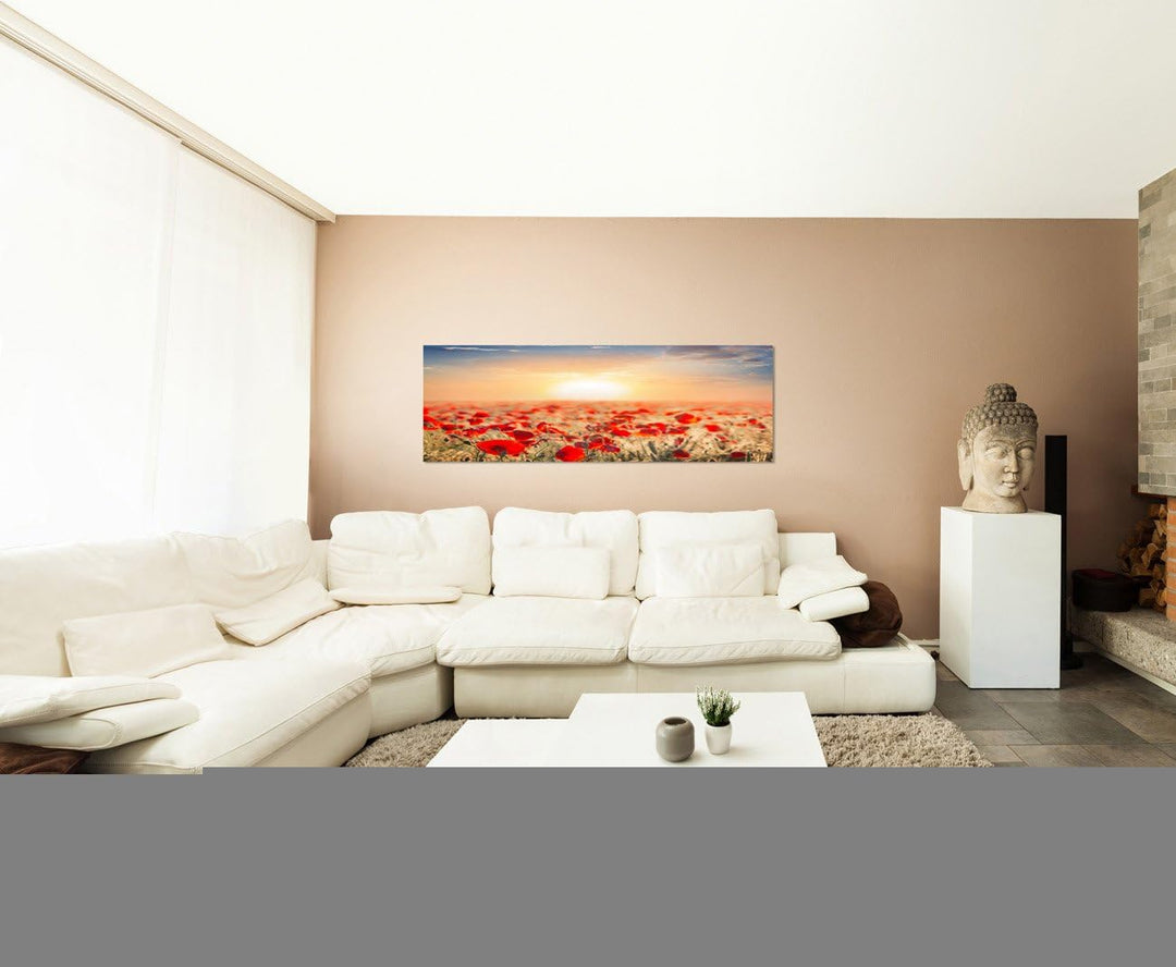 Paul Sinus Art Panoramabild auf Leinwand und Keilrahmen 150x50cm Mohnblumen Wiese Sommer Sonnenunter