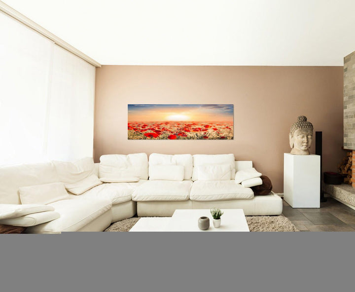 Paul Sinus Art Panoramabild auf Leinwand und Keilrahmen 150x50cm Mohnblumen Wiese Sommer Sonnenunter