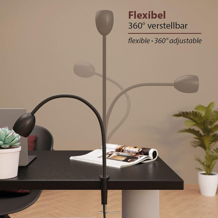 ledscom.de GU10 Klemmlampe KLUK mit Schwanenhals, schwarz inkl. GU10, warm-weiss, 4,914W, je 450lm,
