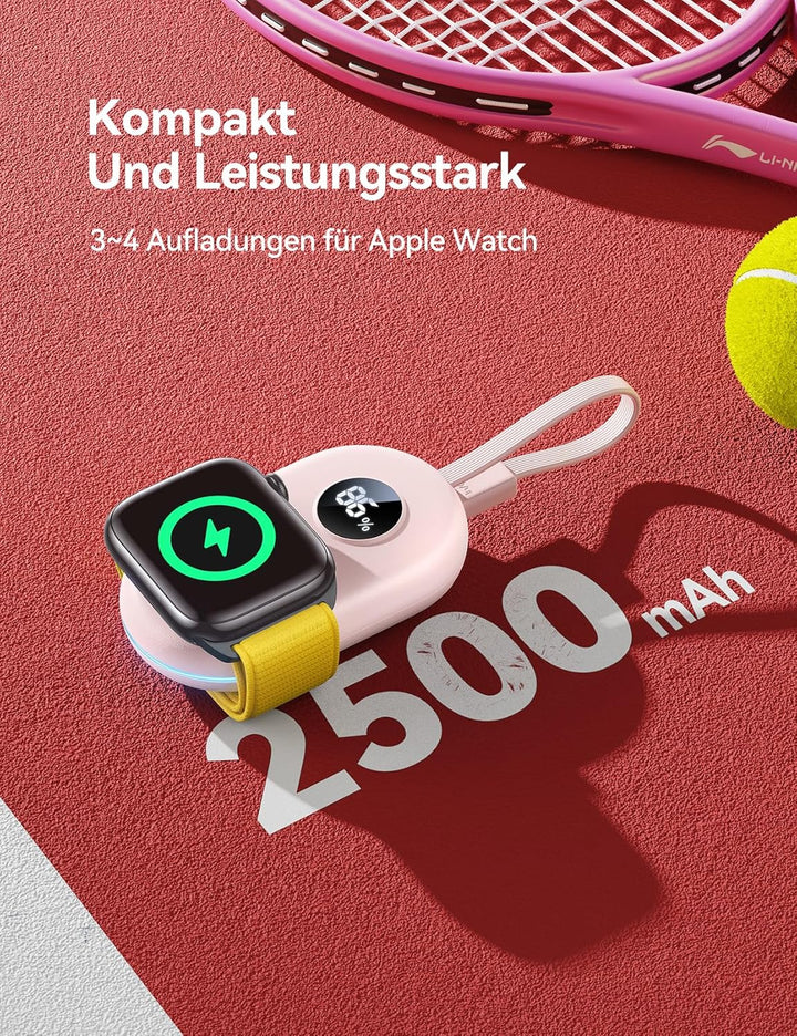 JOYROOM 2500mAh Powerbank für Apple Watch 11 mit USB C Ladekabel, [LED-Display] Magnetisch Kabellos