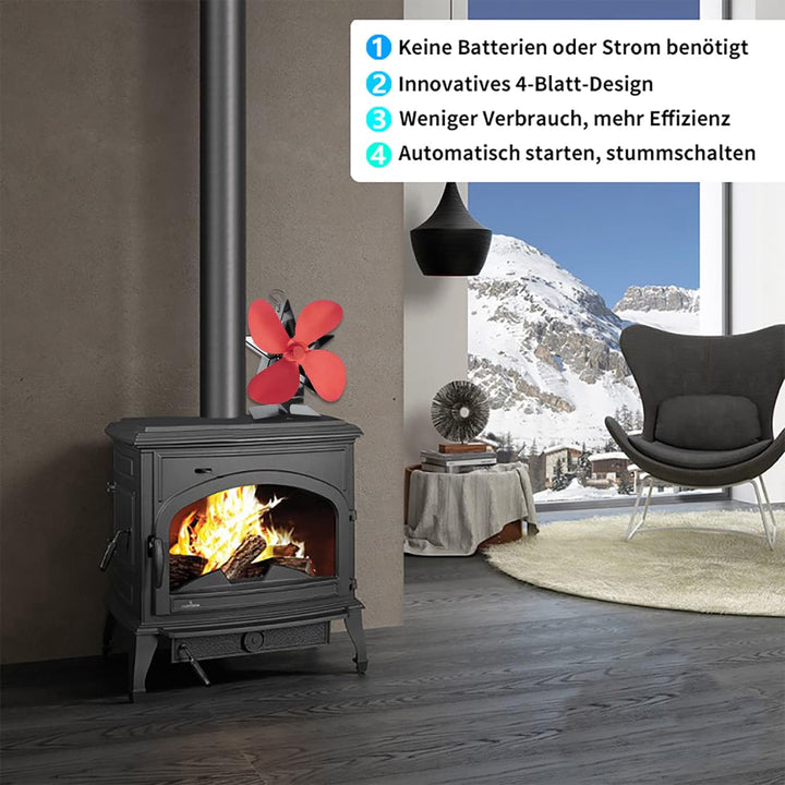 Kaminventilator, Lüfter mit 4 Blättern, hitzebetrieben Ofenventilator, der warme Luft zirkuliert und
