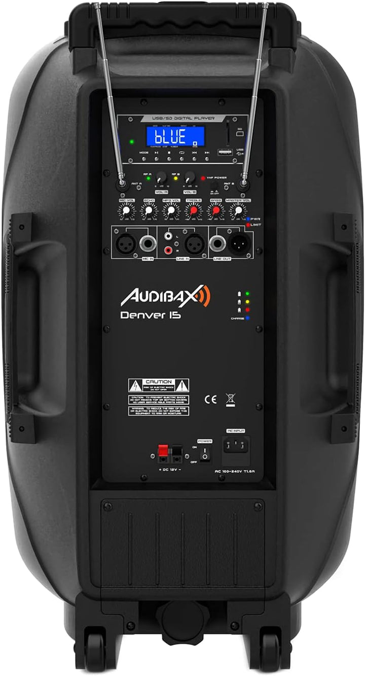 Audibax Denver 15 Altavoz Activo PA 15" Con Batería, Ruedas + 2 Micros Inalámbricos Mano 15 Pulgadas