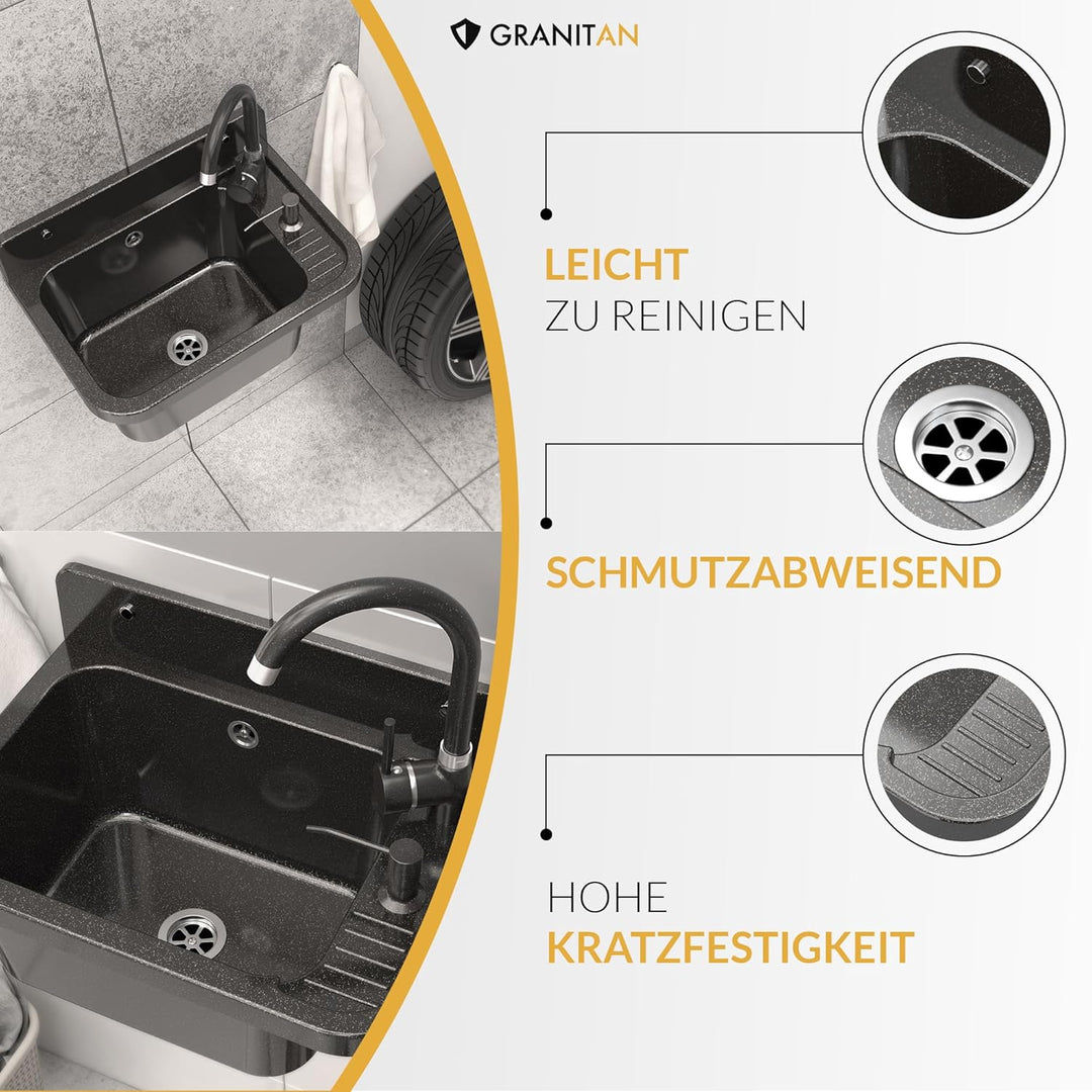 Granitan Ausgussbecken für Garage Keller Werkstatt und Waschküche - Universal Waschtrog mit Siphon -