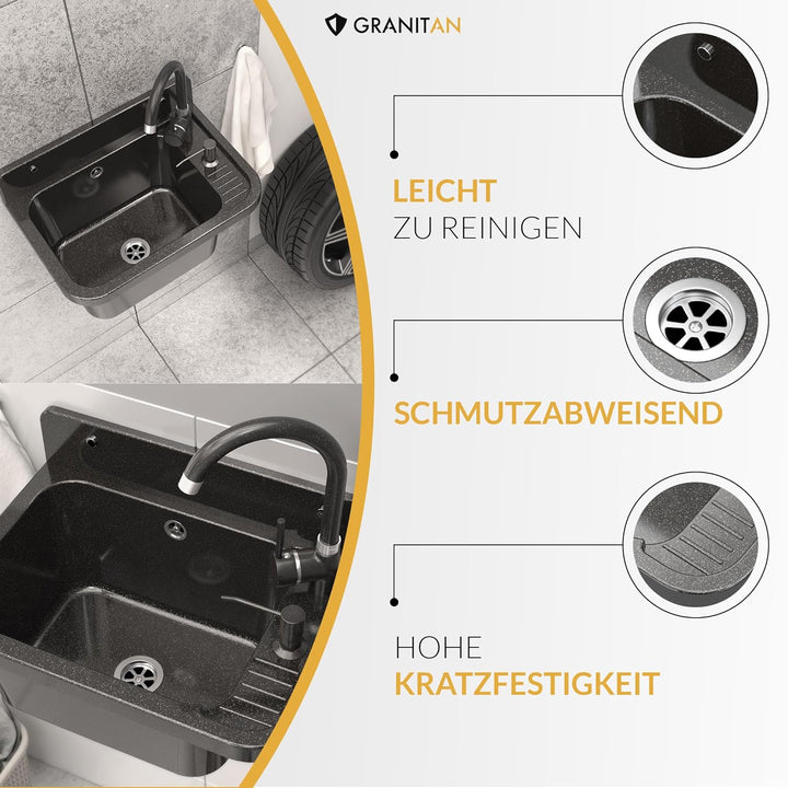 Granitan Ausgussbecken für Garage Keller Werkstatt und Waschküche - Universal Waschtrog mit Siphon -