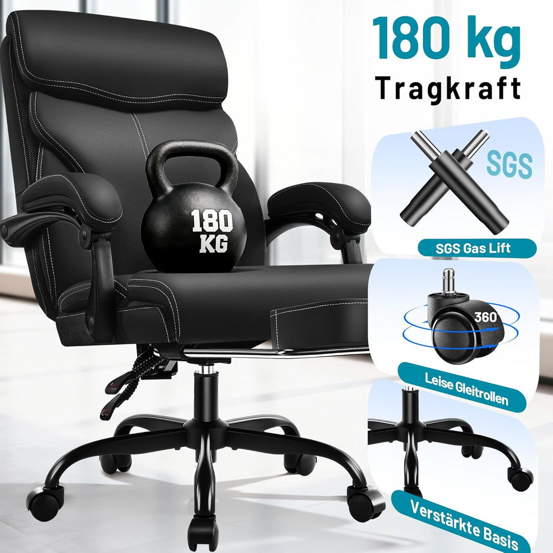 Chefsessel mit Fussstütze &amp; Liegefunktion, Ergonomischer Bürostuhl aus Kunstleder bis 200 kg, Verste