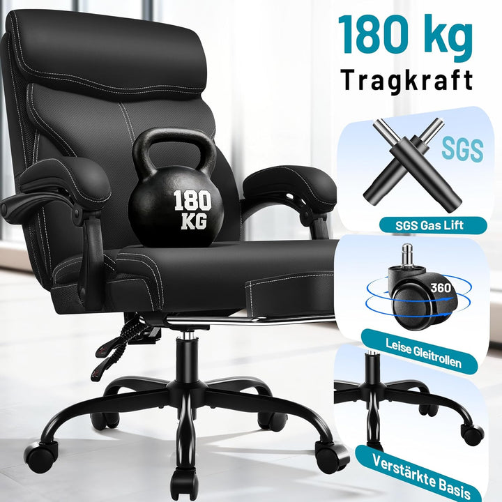 Chefsessel mit Fussstütze &amp; Liegefunktion, Ergonomischer Bürostuhl aus Kunstleder bis 200 kg, Verste