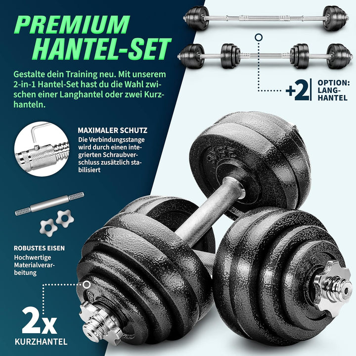 RE:SPORT 2 in 1 Hanteln Set 15-60kg | Hantelset Gusseisen verstellbar | Kurzhantel &amp; Langhantel | St