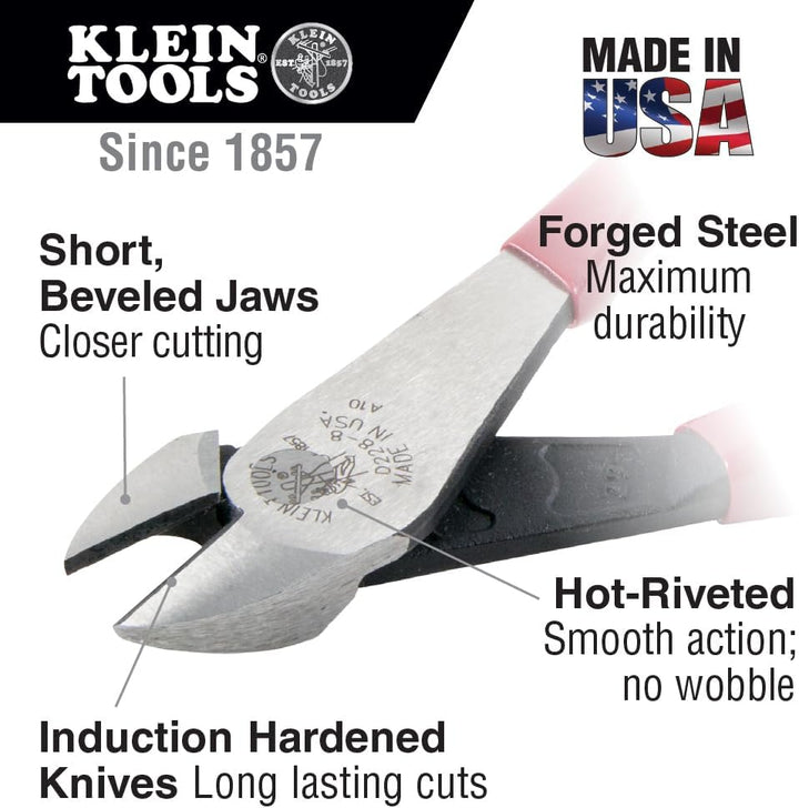 KLEIN TOOLS Robuster Diagonal-Elektronikseitenschneider, hohe Hebelwirkung, 20,5 cm, Seitenschneider