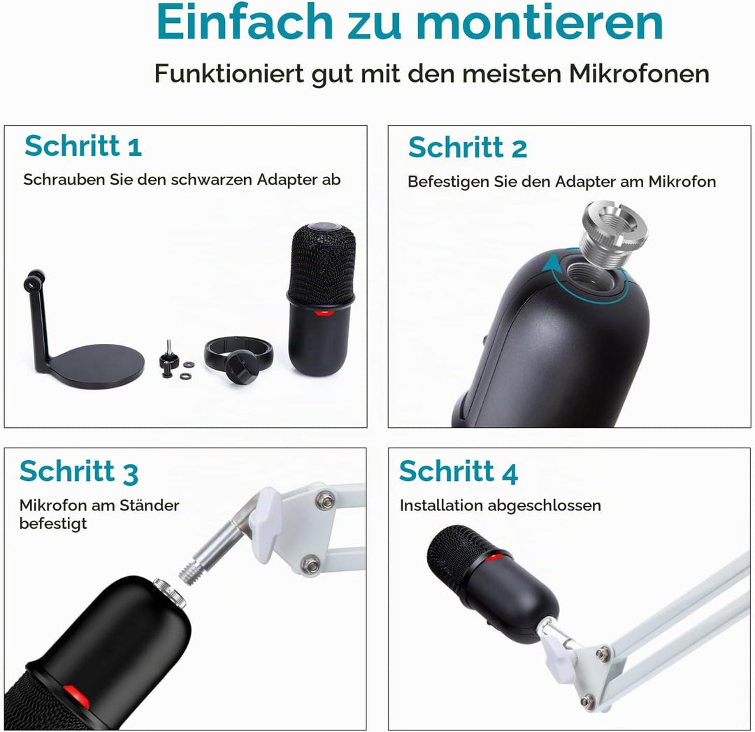 HyperX SoloCast Mikrofon Arm Weiss - Professioneller Studio Desktop Ständer Mikrofonarm mit Schaumst