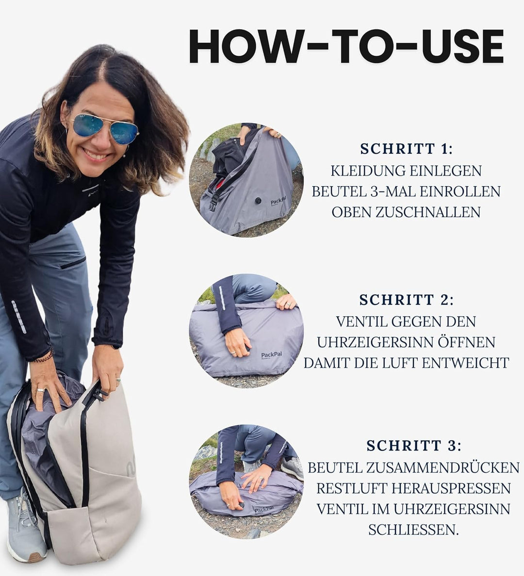 PackPal Medium Komprimierungs-Beutel 25L | Vakuumbeutel ohne Pumpe | Platzsparender Rucksack & Koffe