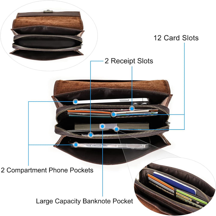 Contacts Herren-Leder-Clutch Geschäftsreise Reissverschluss-Clutch mit Zahlenschloss Lange Retro-Bri