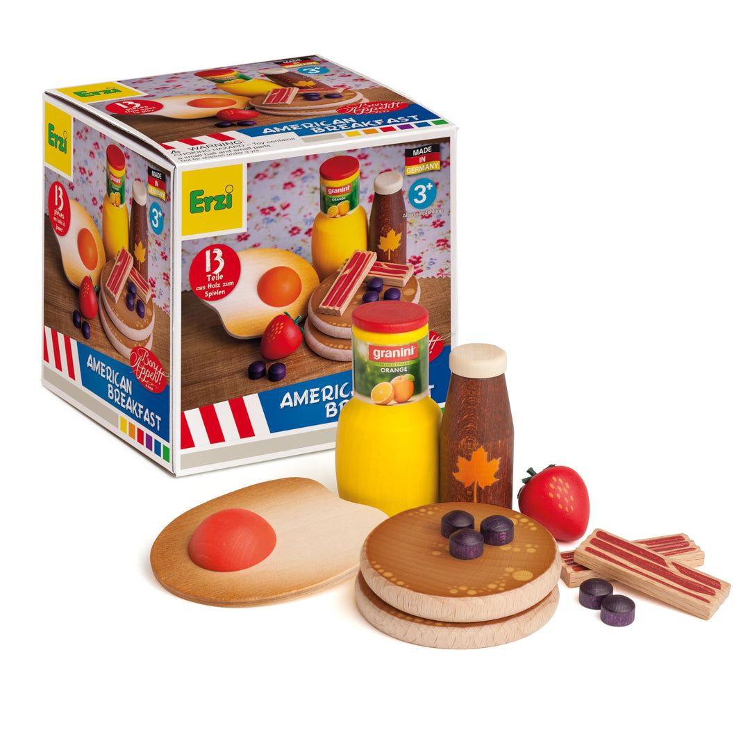 Erzi 28150 Sortierung American Breakfast aus Holz, Kaufladenartikel für Kinder, Rollenspiele