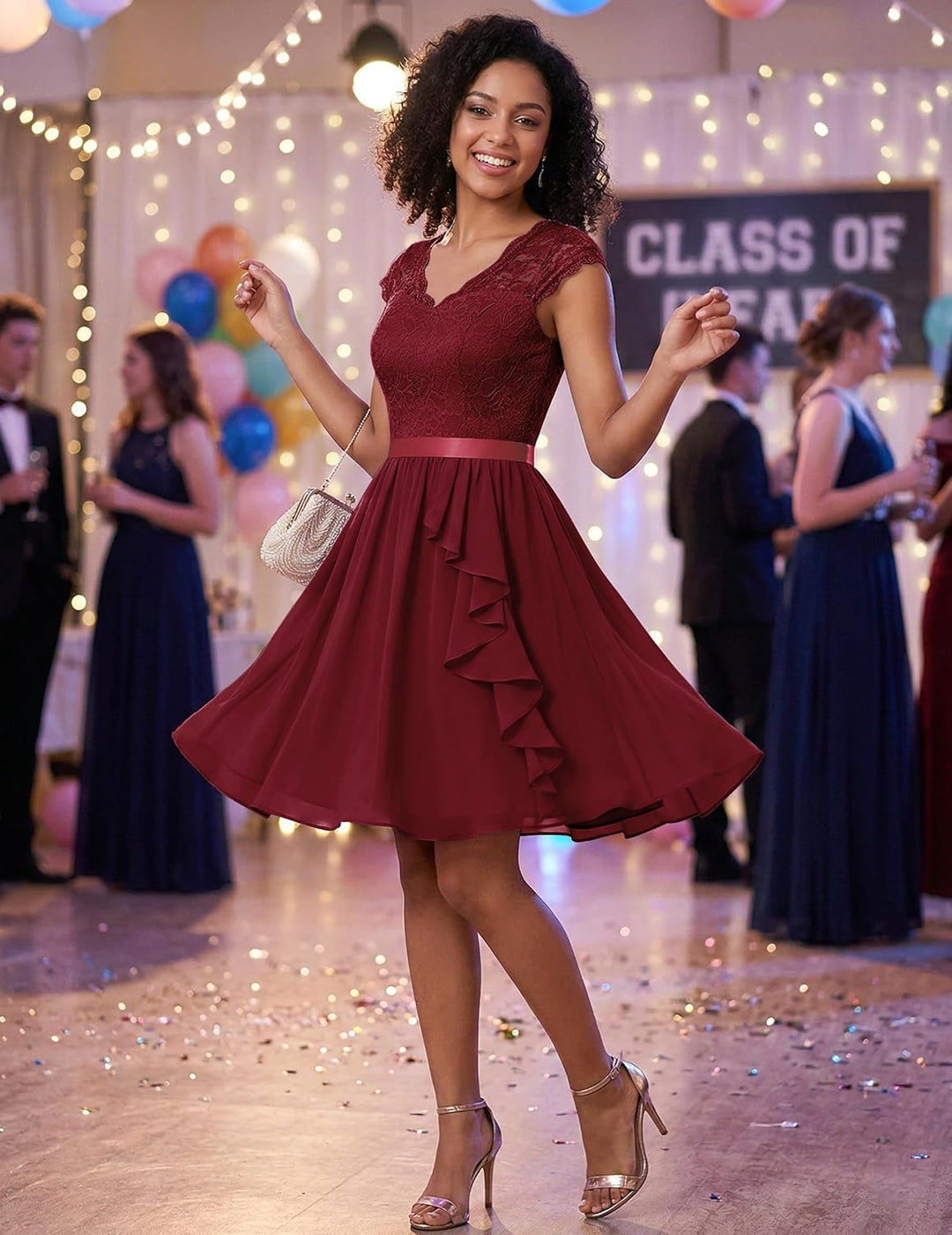 Wedtrend Cocktailkleid Damen Knielang Abendkleid Elegant für Hochzeit Elegant A Linie Rüschenkleid D