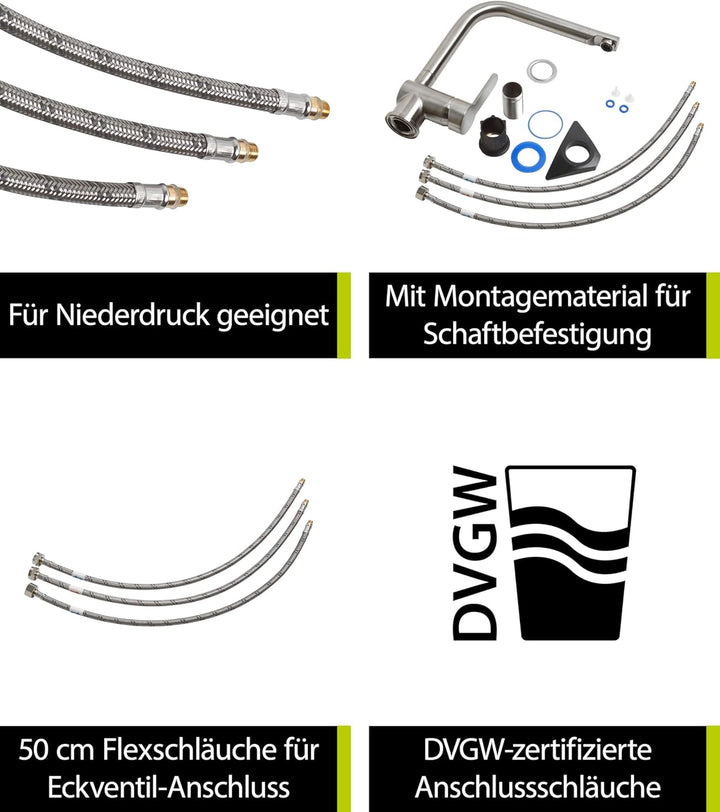 aquaSu® Niederdruck Spültischarmatur Sanmix Style, für Boiler oder Warmwasseranschluss, hoher Auslau