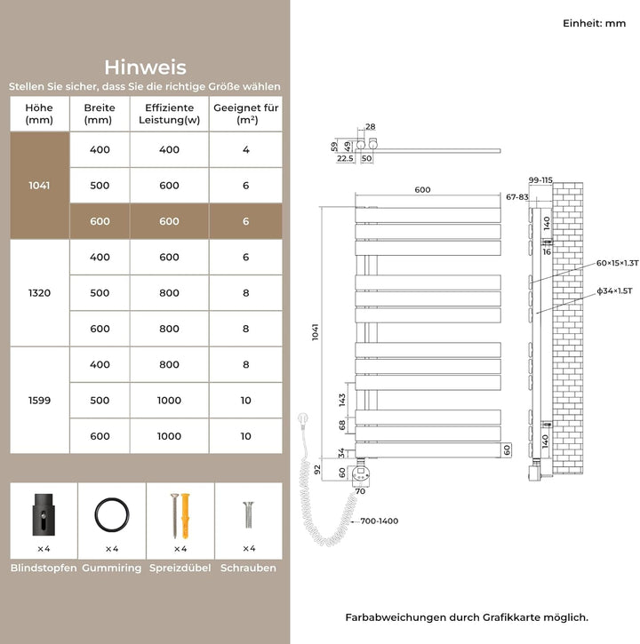 S'AFIELINA Badheizkörper Elektrisch 1041×600mm Anthrazit, 600W Handtuchheizkörper Elektrisch mit The