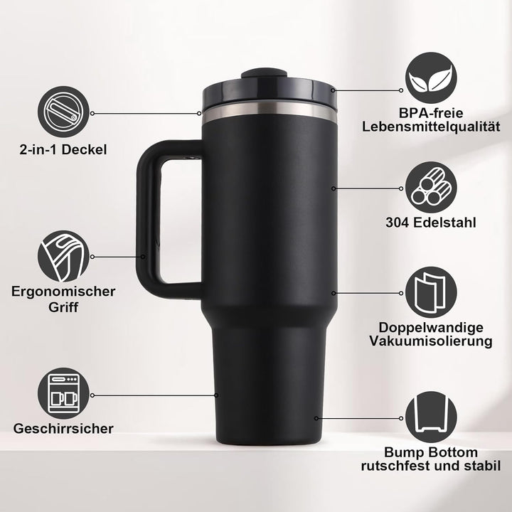 Praoahei 40oz Thermobecher mit Strohhalm und Henkel,1180 ML Doppelwandiger Edelstahl Heisse Kalte Ge