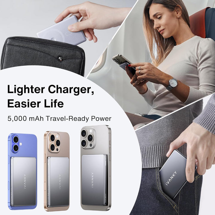 iVANKY 0.76 cm Ultra Slim Magsafe Power Bank für iPhone 17 Air, 5000mAh Klein Card-Thin Wireless Por