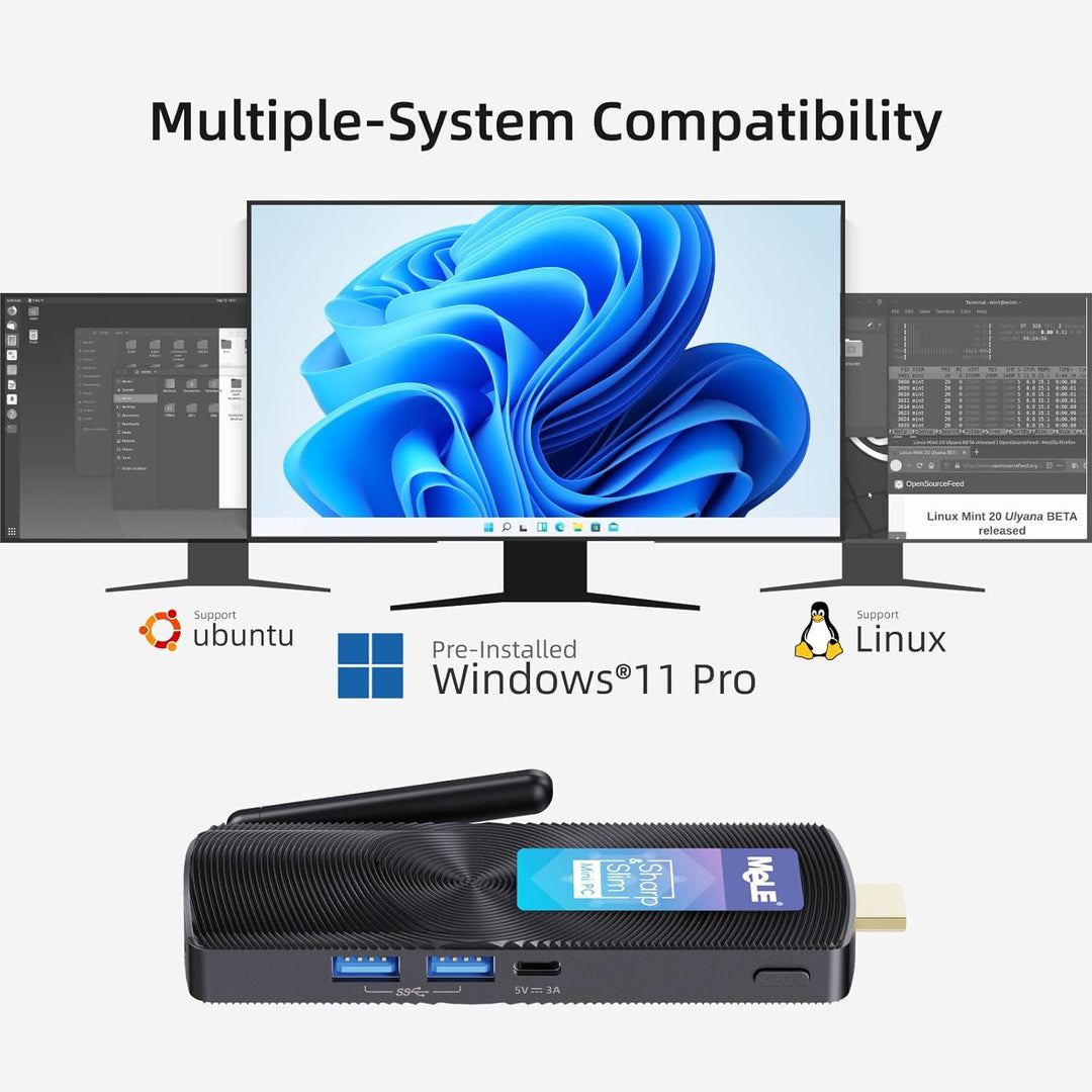 MeLE PCG02 Lüfterloser Mini-PC-Stick, Celeron N4000 4GB 128GB mit Windows 11 Home Micro-Desktop-Comp