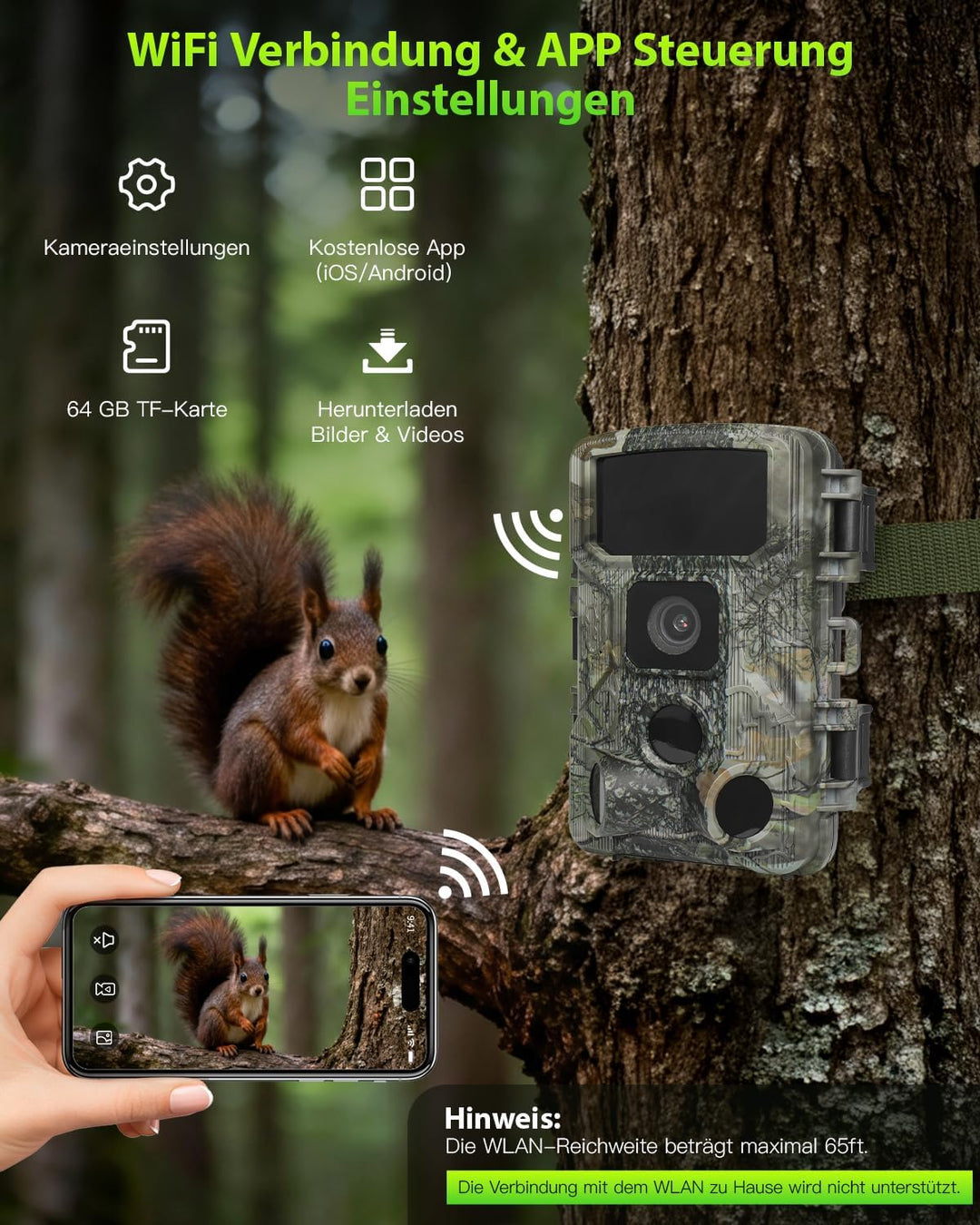 KJK Wildkamera WLAN 2.7K 64MP mit 64GB SD Karte, Wildtierkamera mit Nachtsicht, 0.05s Auslöser Beweg