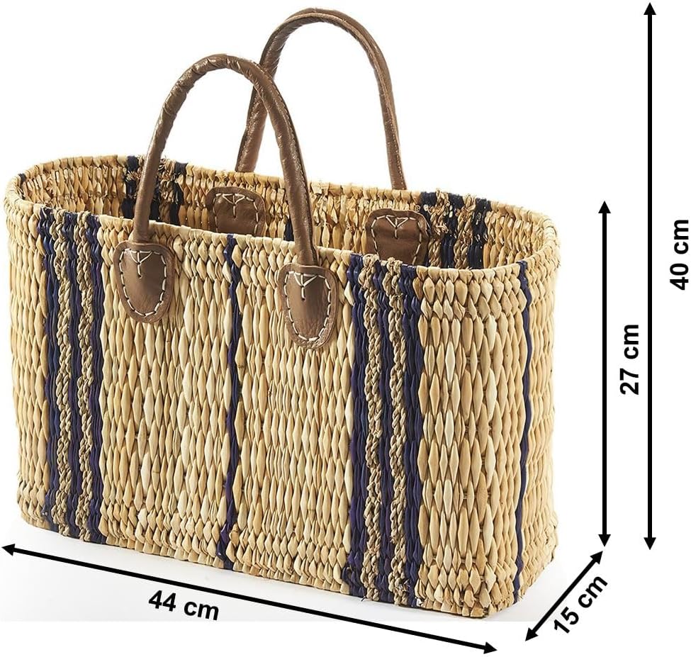 Kobolo Tasche Seegrastasche Korbtasche Strandtasche - Lederhenkel - Muster in blau