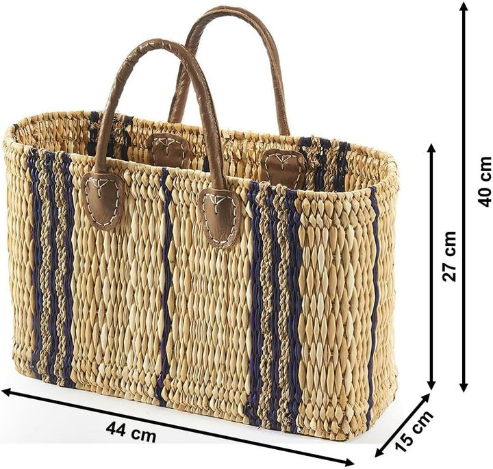 Kobolo Tasche Seegrastasche Korbtasche Strandtasche - Lederhenkel - Muster in blau
