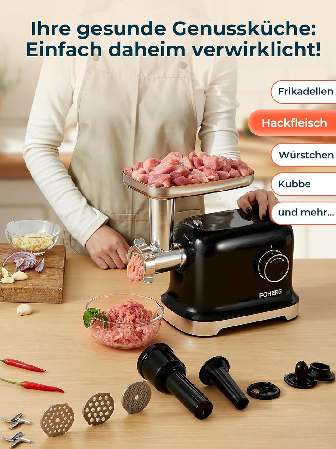 FOHERE Fleischwolf Elektrisch, 2000W Fleischwolf mit 2 Schneidklinge, 3 Schneidplatte (7MM/5MM/3MM),