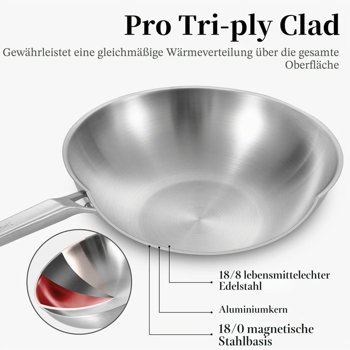 Inqibee Edelstahlpfanne 32cm Bratpfanne mit Deckel, Unbeschichtete Wok Pfanne für Induktion &amp; Gasher
