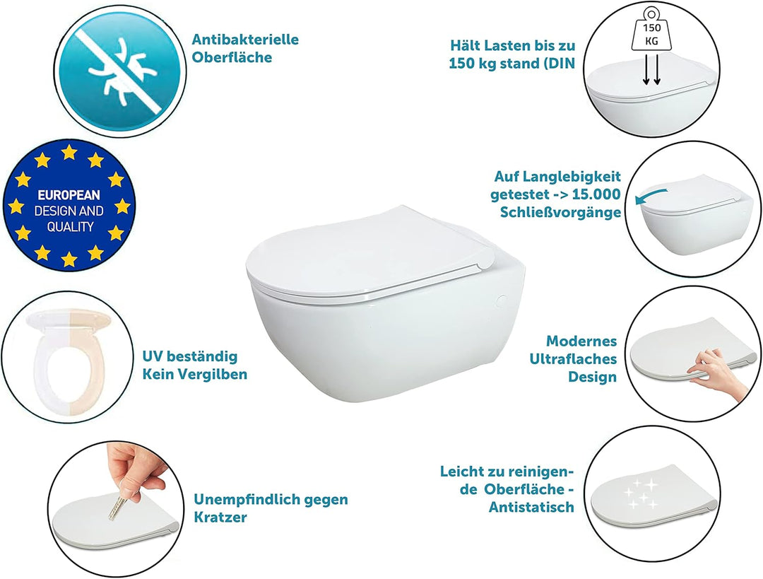 Aqua Bagno | Flacher Toilettendeckel & WC-Sitz mit Absenkautomatik, abnehmbarer Klodeckel D-Form, Un