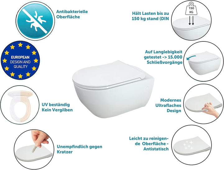 Aqua Bagno | Flacher Toilettendeckel & WC-Sitz mit Absenkautomatik, abnehmbarer Klodeckel D-Form, Un