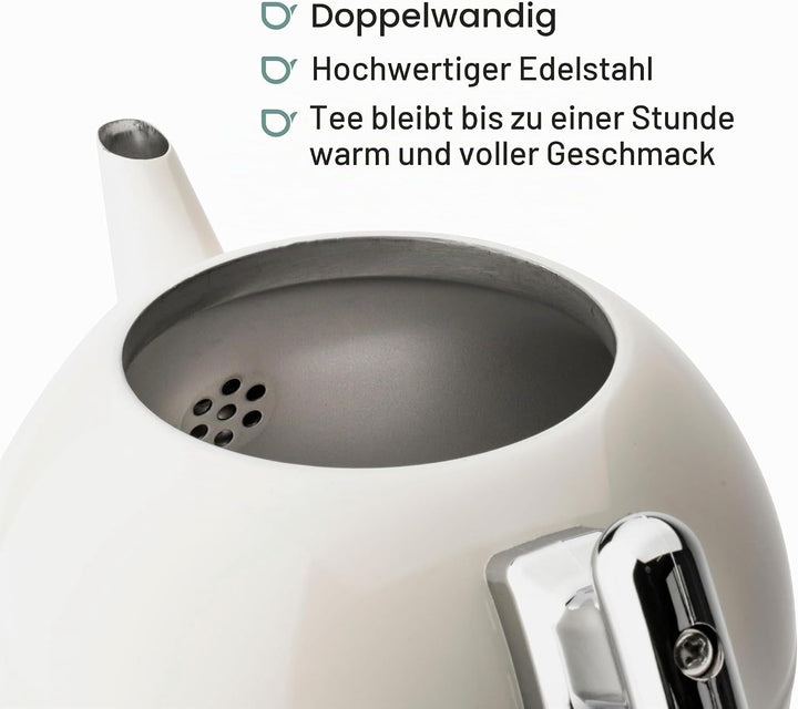 Creme-Weisse bauchige doppelwandig isolierte Edelstahl Teekanne 1.2 Liter