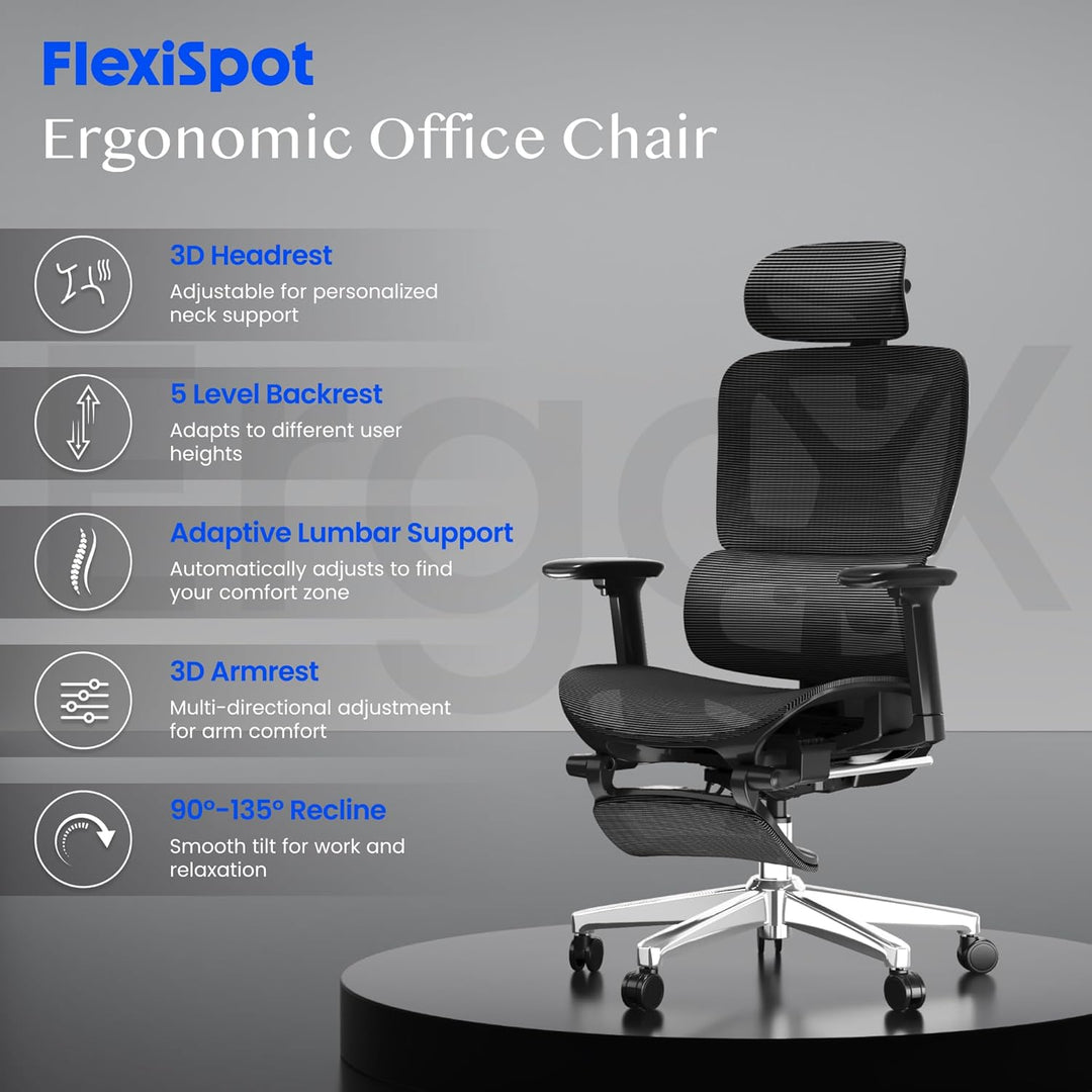 FLEXISPOT Ergonomischer Bürostuhl Schreibtischstuhl mit Fussstütze, 3D-Armlehnen, 3D-Kopfstütze, 5D-