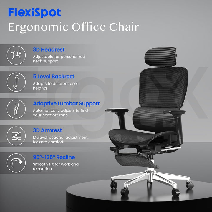 FLEXISPOT Ergonomischer Bürostuhl Schreibtischstuhl mit Fussstütze, 3D-Armlehnen, 3D-Kopfstütze, 5D-
